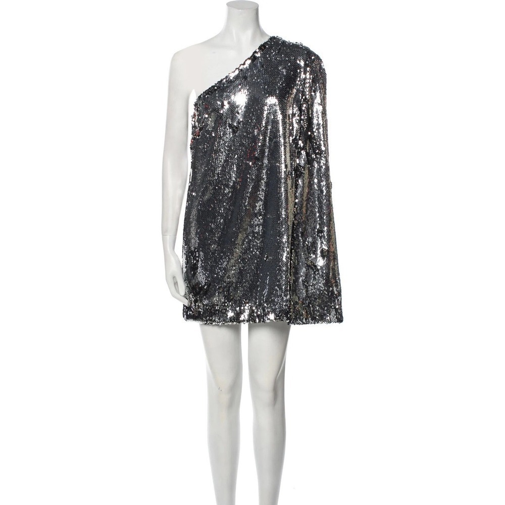 REISS‎ EVA SEQUIN CAPE ONE SHOULDER MINI DRESS NWT SILVER METALLIC SIZE US 10 - Picture 3 of 6